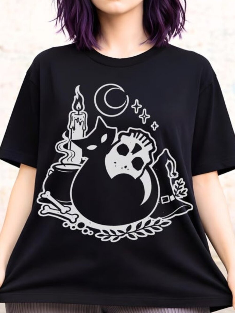 Witchy Black Cat T-shirt, Skull Moon Dark Cottagecore Tee